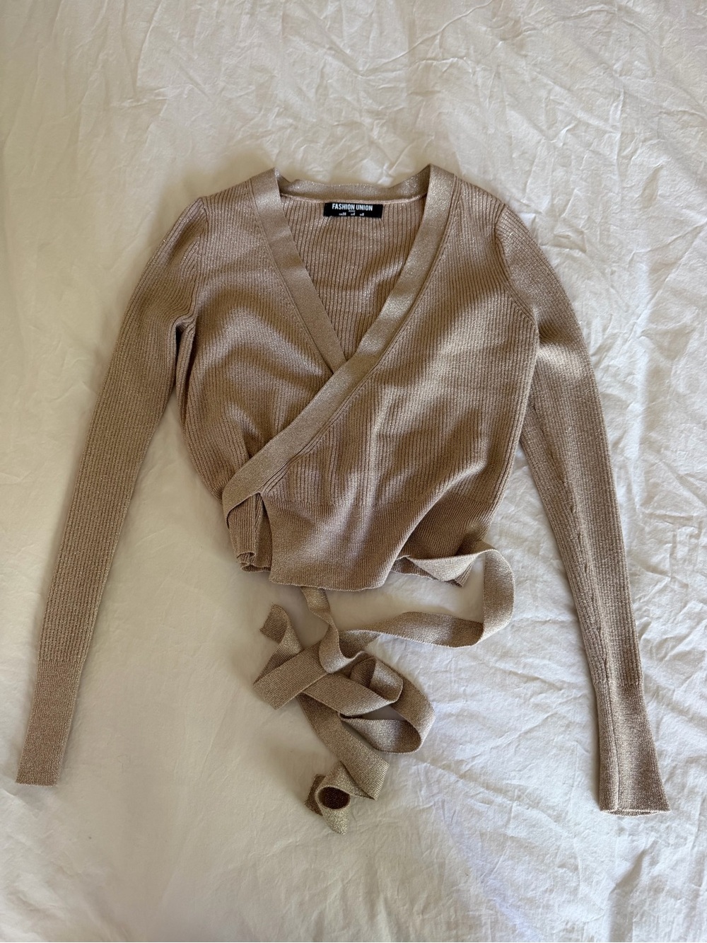 Fashion Union Taupe Wrap V-Neck Sweater
